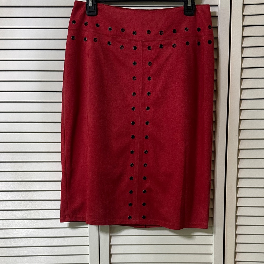 WD.NY Faux Suede Dark Red Pencil Skirt with Black Grommet Details